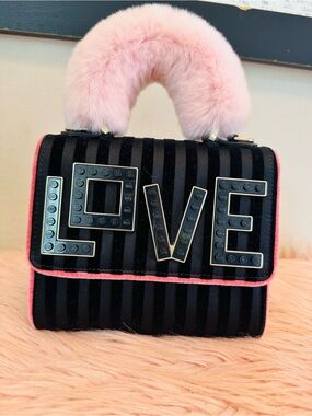 Black Velvet Mini Bag with Pink Fur Top Handle and LOVE and Lego Detail